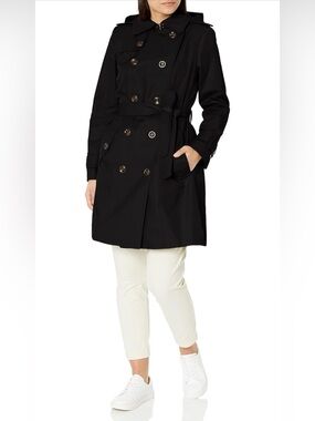 London Fog Women's Double Breasted Short Trenchcoat with Belt Black M